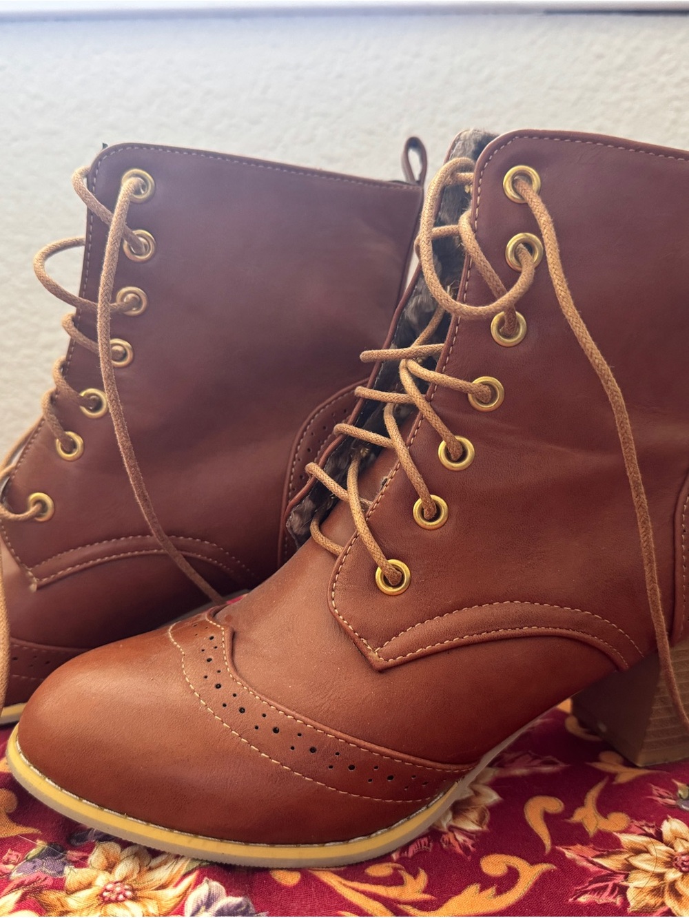 Lace-Up Tan Ankle Boots with Brogue Detail
